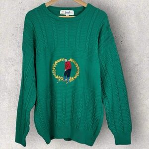 Vintage Pringle of Scotland Green Golf‎ Embroidery Cable Knit Sweater Size Large